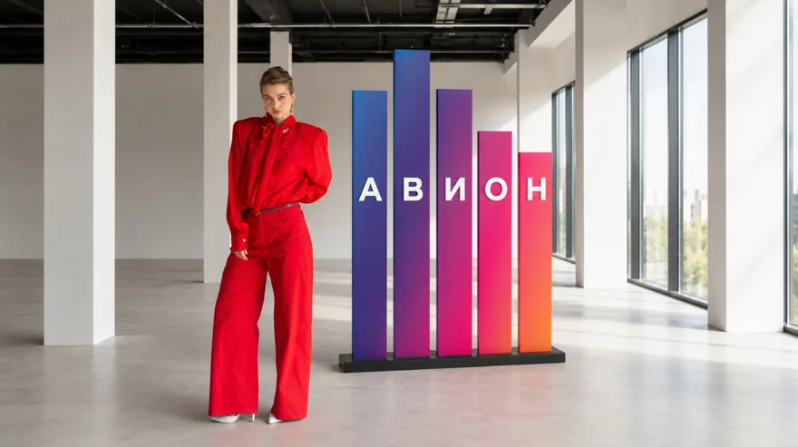 Женщина в красном костюме рядом с логотипом «АВИОН»