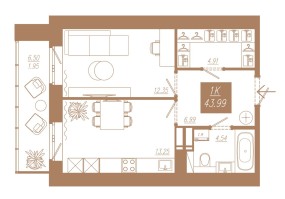 Планировка: 1-комнатная квартира №128, 43,99 м² — АЙВАЗОВСКИЙ-ЕНИСЕЙ, 1 дом