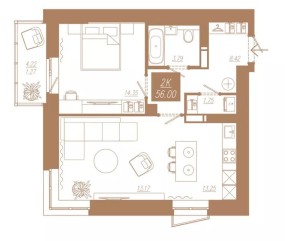 Планировка: 2-комнатная квартира №136, 56 м² — АЙВАЗОВСКИЙ-ЕНИСЕЙ, дом 3
