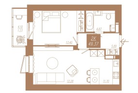 Планировка: 2-комнатная квартира №207, 49,26 м² — АЙВАЗОВСКИЙ-ЕНИСЕЙ, 2 дом