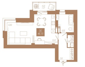 Планировка: 1-комнатная квартира №210, 46,06 м² — АЙВАЗОВСКИЙ-ЕНИСЕЙ, 2 дом