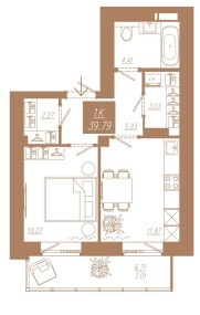 Планировка: 1-комнатная квартира №165, 39,79 м² — АЙВАЗОВСКИЙ-ЕНИСЕЙ, 1 дом