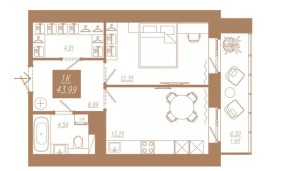 Планировка: 1-комнатная квартира №142, 43,99 м² — АЙВАЗОВСКИЙ-ЕНИСЕЙ, дом 3
