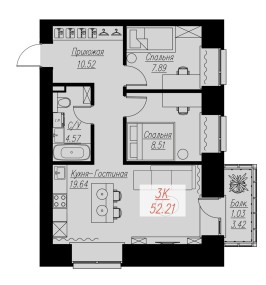 Планировка: 3-комнатная квартира №154, 52,21 м² — БИОГРАФИЯ, дом 2, корп. 1