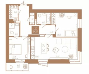 Планировка: 3-комнатная квартира №154, 84,11 м² — АЙВАЗОВСКИЙ-ЕНИСЕЙ, дом 3
