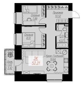 Планировка: 3-комнатная квартира №157, 52,21 м² — БИОГРАФИЯ, дом 2, корп. 1