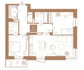 Планировка: 3-комнатная квартира №24, 84,11 м² — АЙВАЗОВСКИЙ-ЕНИСЕЙ, 2 дом