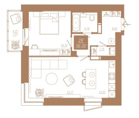 Планировка: 2-комнатная квартира №96, 56 м² — АЙВАЗОВСКИЙ-ЕНИСЕЙ, 1 дом