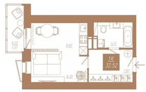 Планировка: 1-комнатная квартира №109, 32,52 м² — АЙВАЗОВСКИЙ-ЕНИСЕЙ, дом 3
