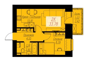Планировка: 2-комнатная квартира №152, 33,78 м² — БИОГРАФИЯ, дом 2, корп. 1