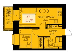 Планировка: 2-комнатная квартира №29, 33,78 м² — БИОГРАФИЯ, дом 2, корп. 1