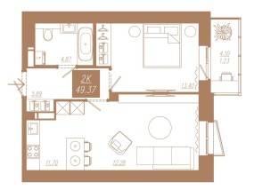 Планировка: 2-комнатная квартира №203, 49,26 м² — АЙВАЗОВСКИЙ-ЕНИСЕЙ, 2 дом